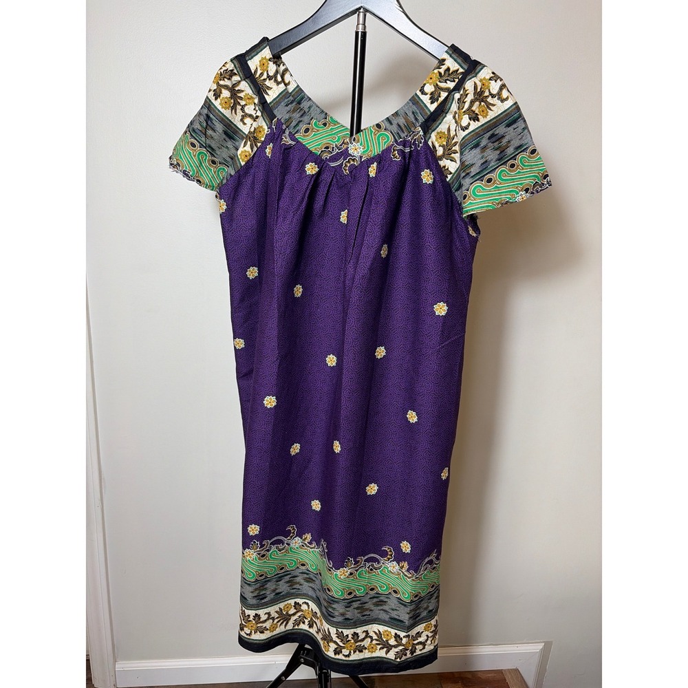 Handmade Purple Batik Floral Shift Dress One Pocket Square‎ Neck Short Sleeve SM